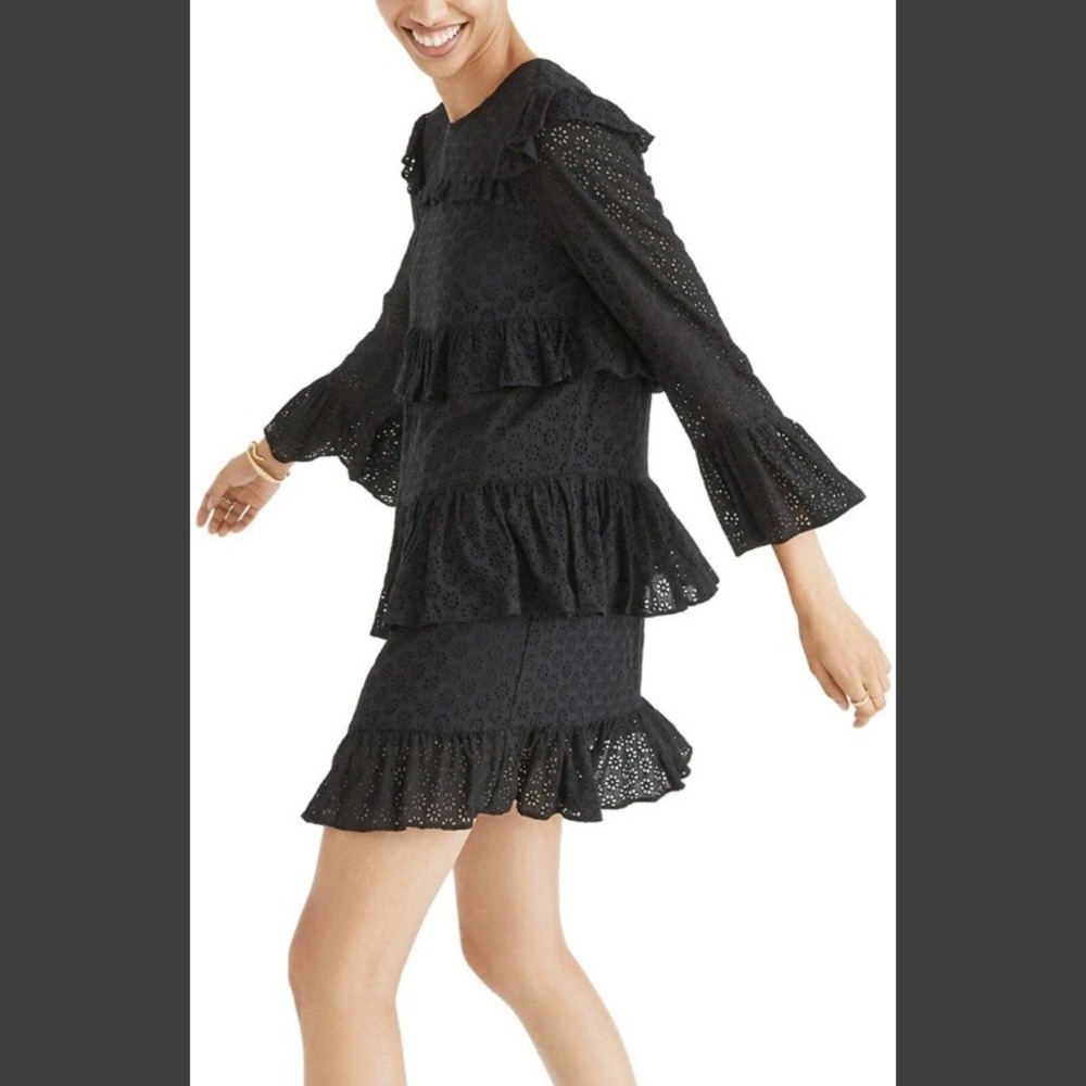 Madewell Size‎ 14 Black Eyelet Waterlily Ruffle Dress Tiered 3/4 Flounce Sleeve